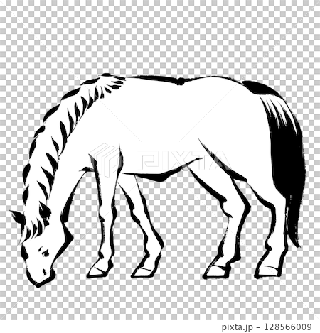 午年、年賀素材、墨・筆タッチ_草を食べる馬のベクターイラスト 128566009