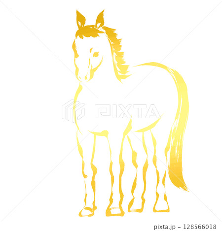 午年、年賀素材、墨・筆タッチ_正面から見た馬のベクターイラスト_ゴールド 午年、年賀素材、墨・筆タッチ_正面から見た馬のベクターイラスト_ゴールド 128566018