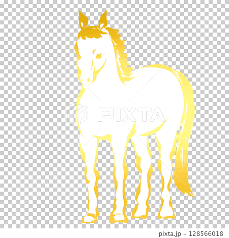 午年、年賀素材、墨・筆タッチ_正面から見た馬のベクターイラスト_ゴールド 午年、年賀素材、墨・筆タッチ_正面から見た馬のベクターイラスト_ゴールド 128566018