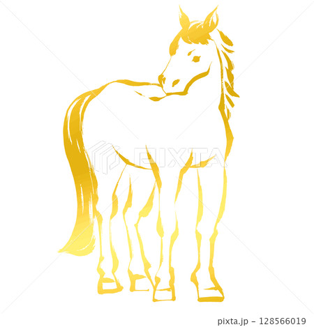 午年、年賀素材、墨・筆タッチ_正面から見た馬のベクターイラスト_ゴールド 128566019