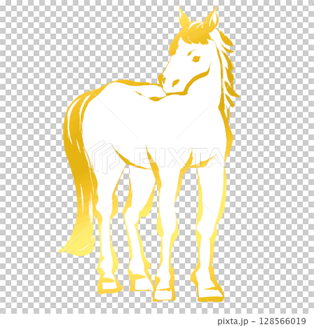 午年、年賀素材、墨・筆タッチ_正面から見た馬のベクターイラスト_ゴールド 128566019