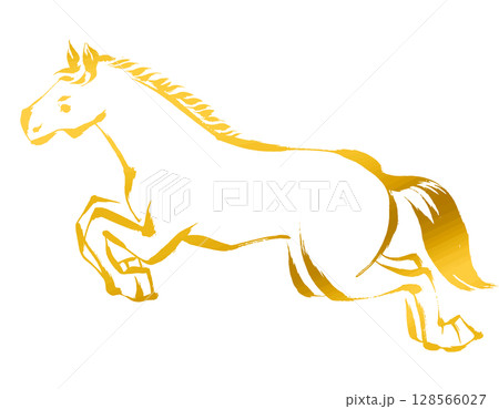 午年、年賀素材、墨・筆タッチ_跳ぶ馬のベクターイラスト_ゴールド 128566027