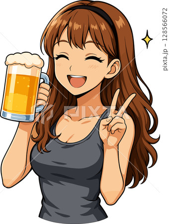 ビールジョッキを持ってピースをする女性のイラスト 128566072