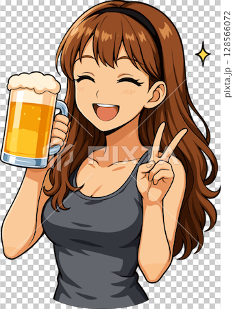 ビールジョッキを持ってピースをする女性のイラスト 128566072