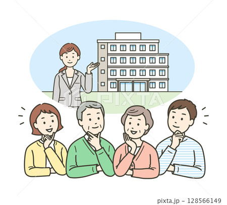 老人ホームまたはマンションへの入居を考える高齢者夫婦と一緒に考える若い夫婦 128566149