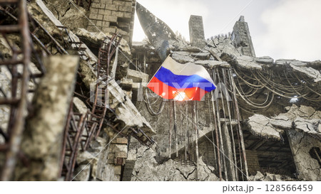 Russian Flag in War and Disaster Ruins 128566459