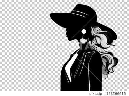 帽子をかぶった女性のシルエットイラスト 128566616