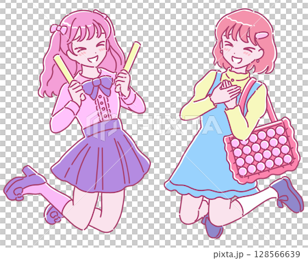 嬉しそうな推し活女子　カラフル 128566639