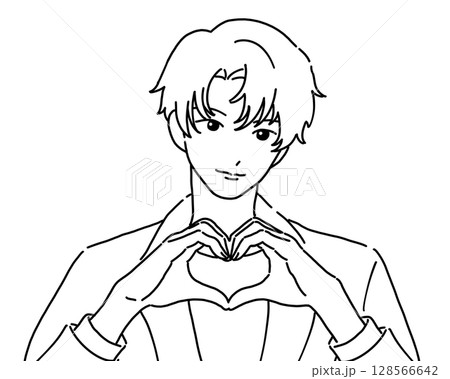 手でハートを作る男性アイドル 線画 128566642