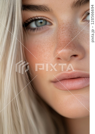 A beautiful woman is captured in a close-up, showcasing her radiant skin, mesmerizing eyes, and natural beauty, enhanced by soft lighting Generative AI 128566694