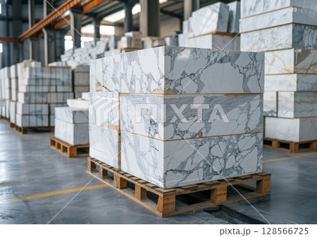 White marble slabs are neatly stacked on pallets in a large warehouse, showcasing their elegant patterns and textures for upcoming projects 128566725