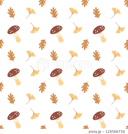 Seamless Autumn Pattern with Cute Hand Drawn Mushrooms and Leaves Cozy Fall Forest Design Seamless Autumn Pattern with Cute Hand Drawn Mushrooms and Leaves Cozy Fall Forest Design 128566738