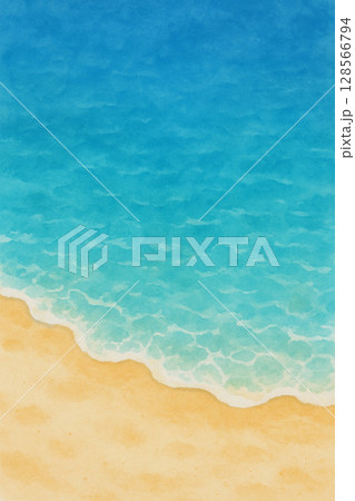 水彩風の波打ち際と砂浜のイラスト（夏・縦構図） 128566794