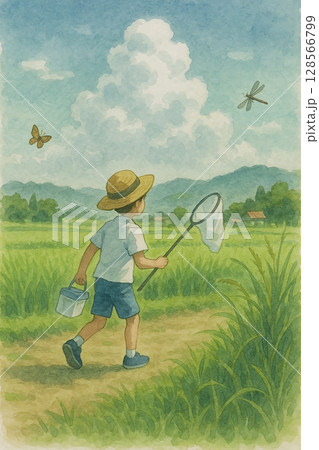 虫取り網を持って田舎道を歩く少年の夏のイラスト（水彩風） 128566799