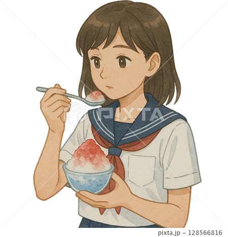 かき氷を食べるセーラー服の女子学生のイラスト（夏・水彩風） 128566816