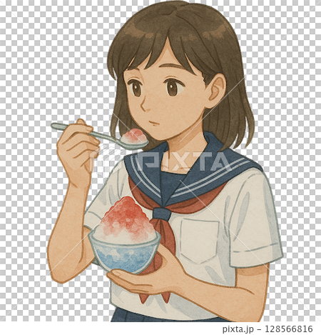 かき氷を食べるセーラー服の女子学生のイラスト（夏・水彩風） 128566816