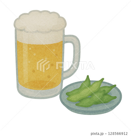 ビールと枝豆のイラスト素材（水彩風・夏のおつまみ・切り抜き） 128566912
