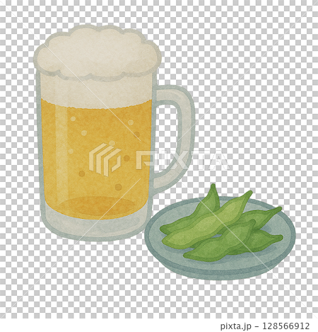 ビールと枝豆のイラスト素材（水彩風・夏のおつまみ・切り抜き） 128566912