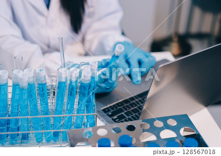Modern Empty Science Laboratory With Microscopes, Test Tubes And Other Laboratory Equipments 128567018