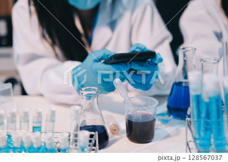 Modern Empty Science Laboratory With Microscopes, Test Tubes And Other Laboratory Equipments 128567037