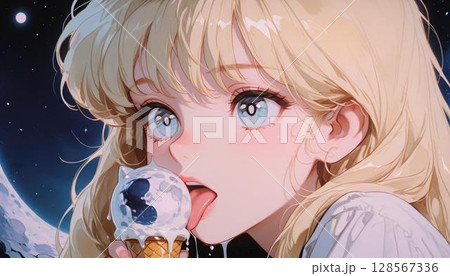 Blonde Anime Girl with Cute Cat Moon Ice Cream 128567336