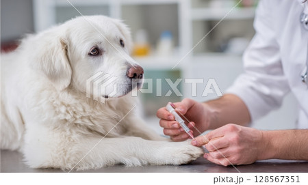 Veterinary Assistant Gently Brushes Dogs Coat in Bright Clinic Setting During Routine Checkup 128567351