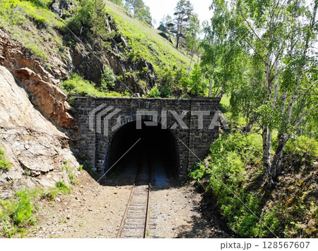 Aerial view of the old tunnel in the mountain on Lake Baikal. R 128567607