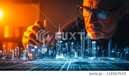 An architect brings architectural designs to life with 3D holographic construction models. The concept of innovation in architecture and futuristic design. Generative Ai. 128567639