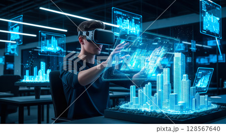 An architect brings architectural designs to life with 3D holographic construction models. The concept of innovation in architecture and futuristic design. Generative Ai. An architect brings architectural designs to life with 3D holographic construction models. The concept of innovation in architecture and futuristic design. Generative Ai. 128567640