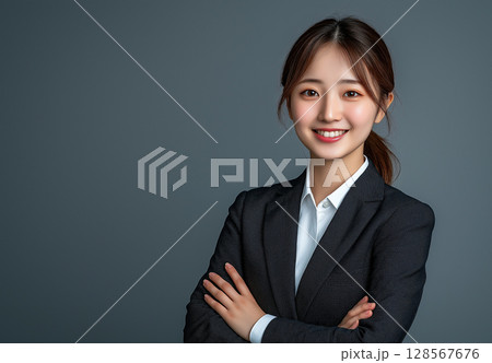 ダークグレー背景で腕を組み笑顔を見せるスーツ姿の女性「生成AI」 128567676
