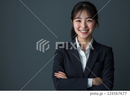 ダークグレー背景で腕を組み笑顔を見せるスーツ姿の女性「生成AI」 128567677