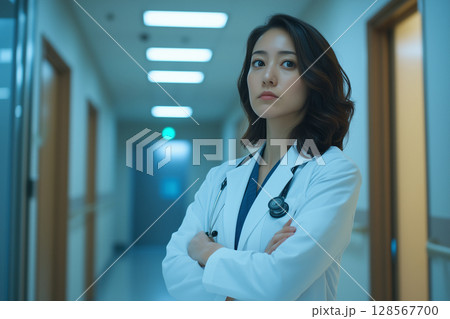 病院の廊下で腕を組む白衣姿の女性ドクター「生成AI」 128567700