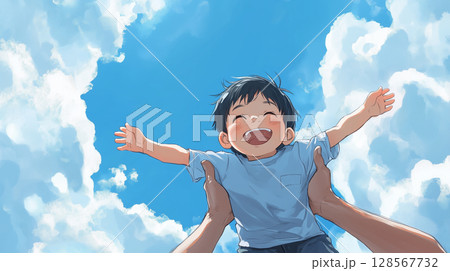 青空の下で高く抱き上げられ笑顔を見せる男の子のイラスト「生成AI」 128567732