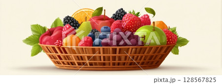 Colorful Farmers Market Fruit Basket Featuring Fresh Berries, Apples, Oranges, and Grapes Displayed in a Side View on a Clean Background 128567825