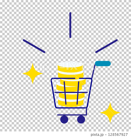 Illustration of a shopping cart with coins inside (point activity/point redemption) 128567927
