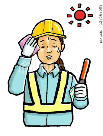 夏の厳しい暑さで熱中症になりかける若い女性警備員のイラスト 128568005