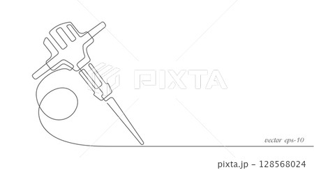 Jackhammer drawing.Construction work tool.Continuous line drawing.Vector illustration. 128568024