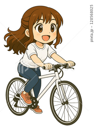 髪をなびかせて自転車に乗る女の子の背景がないイラスト 128568025