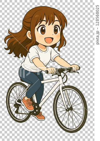 髪をなびかせて自転車に乗る女の子の背景がないイラスト 128568025