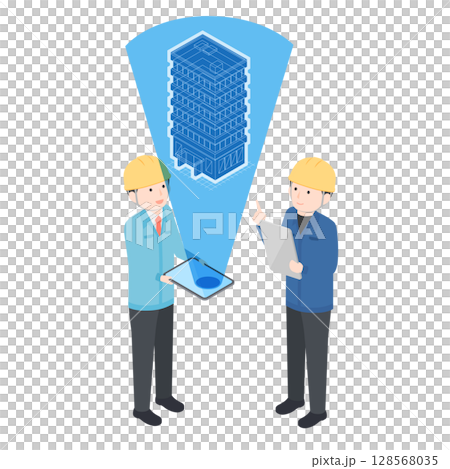 Two men in the construction industry checking simulation data for a building under construction 128568035