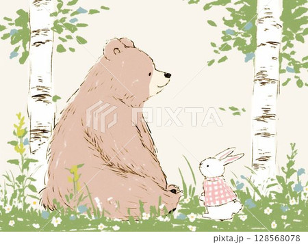 くまとうさぎと白樺の森のなかで くまとうさぎと白樺の森のなかで 128568078
