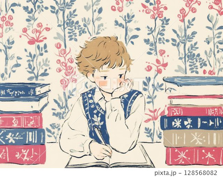 本を読みながら勉強する男の子 128568082