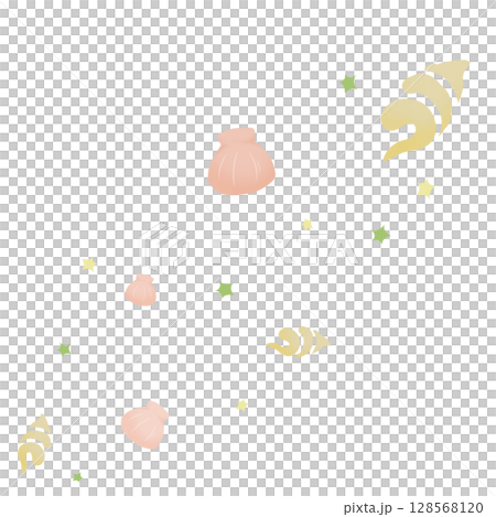 黄色とオレンジ色の二種の貝と緑の星 128568120