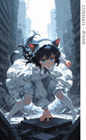 Dynamic Anime Cat Girl in Post-Apocalyptic Setting 128568222