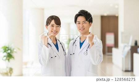 病院のロビーでガッツポーズをするアジア人医師 128568275