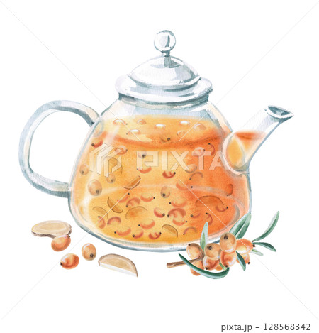 Teapot with sea buckthorn tea, sea buckthorn branch and ginger. Isolated watercolor illustration in realistic style for design of beverage packaging, teas, tea menu, culinary blogs. 128568342