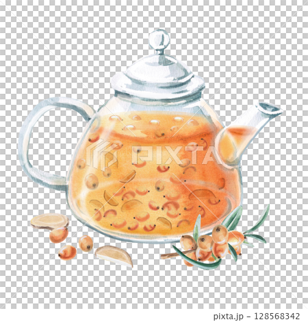 Teapot with sea buckthorn tea, sea buckthorn branch and ginger. Isolated watercolor illustration in realistic style for design of beverage packaging, teas, tea menu, culinary blogs. 128568342