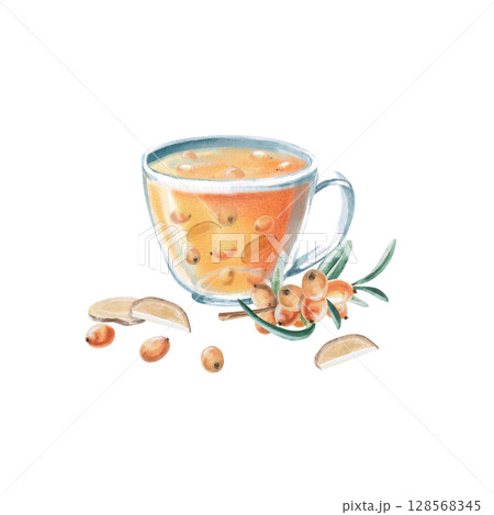 Cup with sea buckthorn tea, sea buckthorn branch and ginger. Isolated watercolor illustration in realistic style for design of beverage packaging, teas, tea menu, culinary blogs. 128568345
