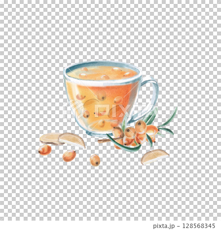 Cup with sea buckthorn tea, sea buckthorn branch and ginger. Isolated watercolor illustration in realistic style for design of beverage packaging, teas, tea menu, culinary blogs. 128568345