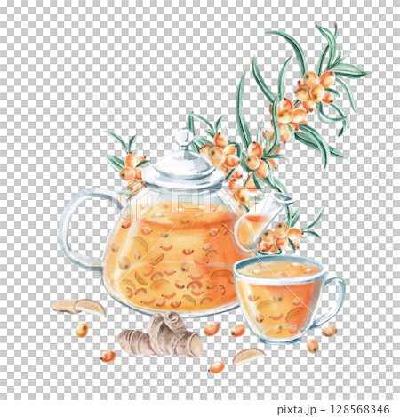 Composition of a teapot, a cup with sea buckthorn tea and a branch. Isolated watercolor illustration in a realistic style for the design of packaging with drinks, teas, a tea card, culinary blogs 128568346